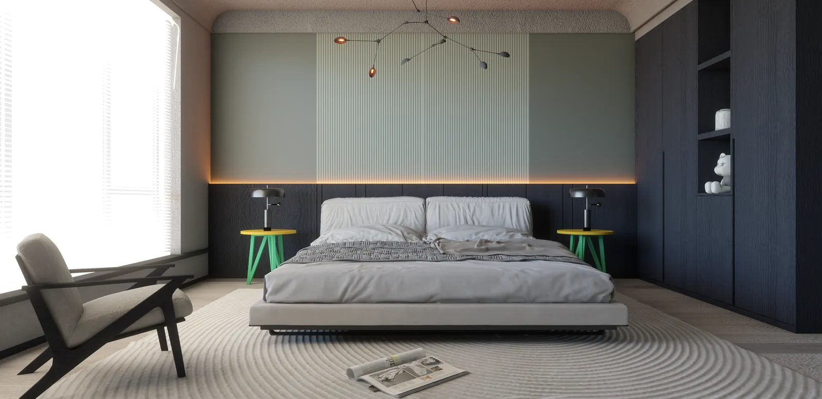 Bir SketchUp modeli: yatak odası, SketchUp’ın içinde Render Fun ile alındı.